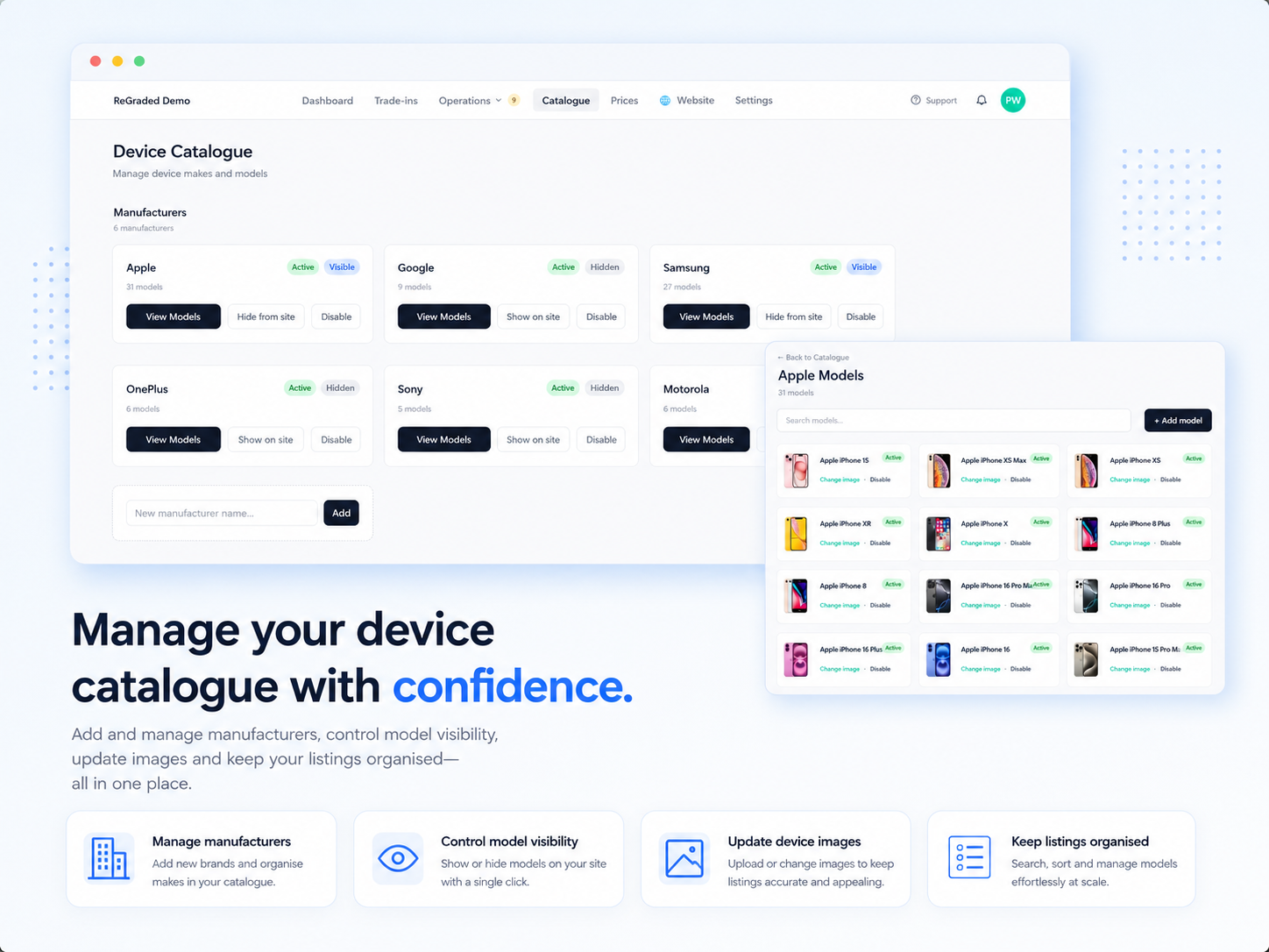 Device catalogue manager listing makes, models and variants
